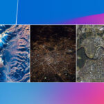 Three different satellite views. A mountain range, a city at night, a city during the day.